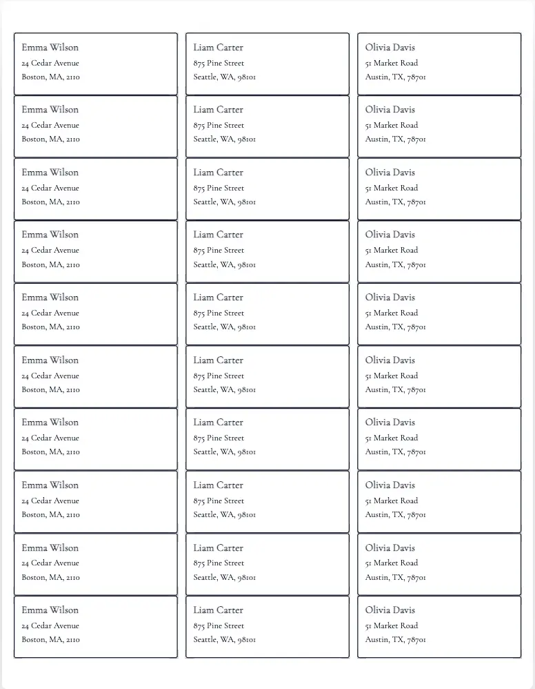 A full Avery 5160-compatible printable address label sheet