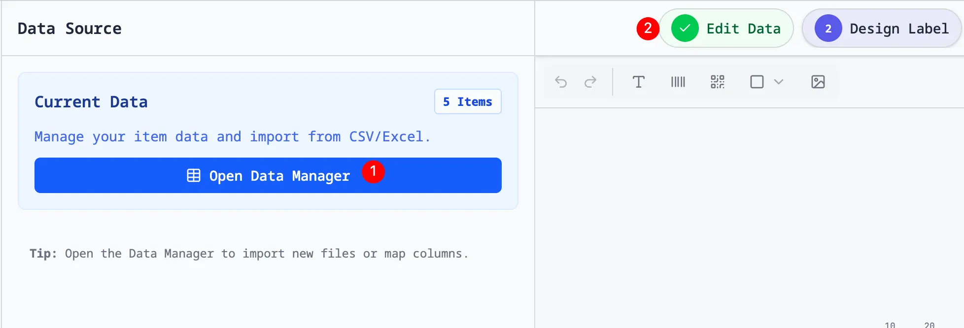 Spreadsheet data import screen in the web app