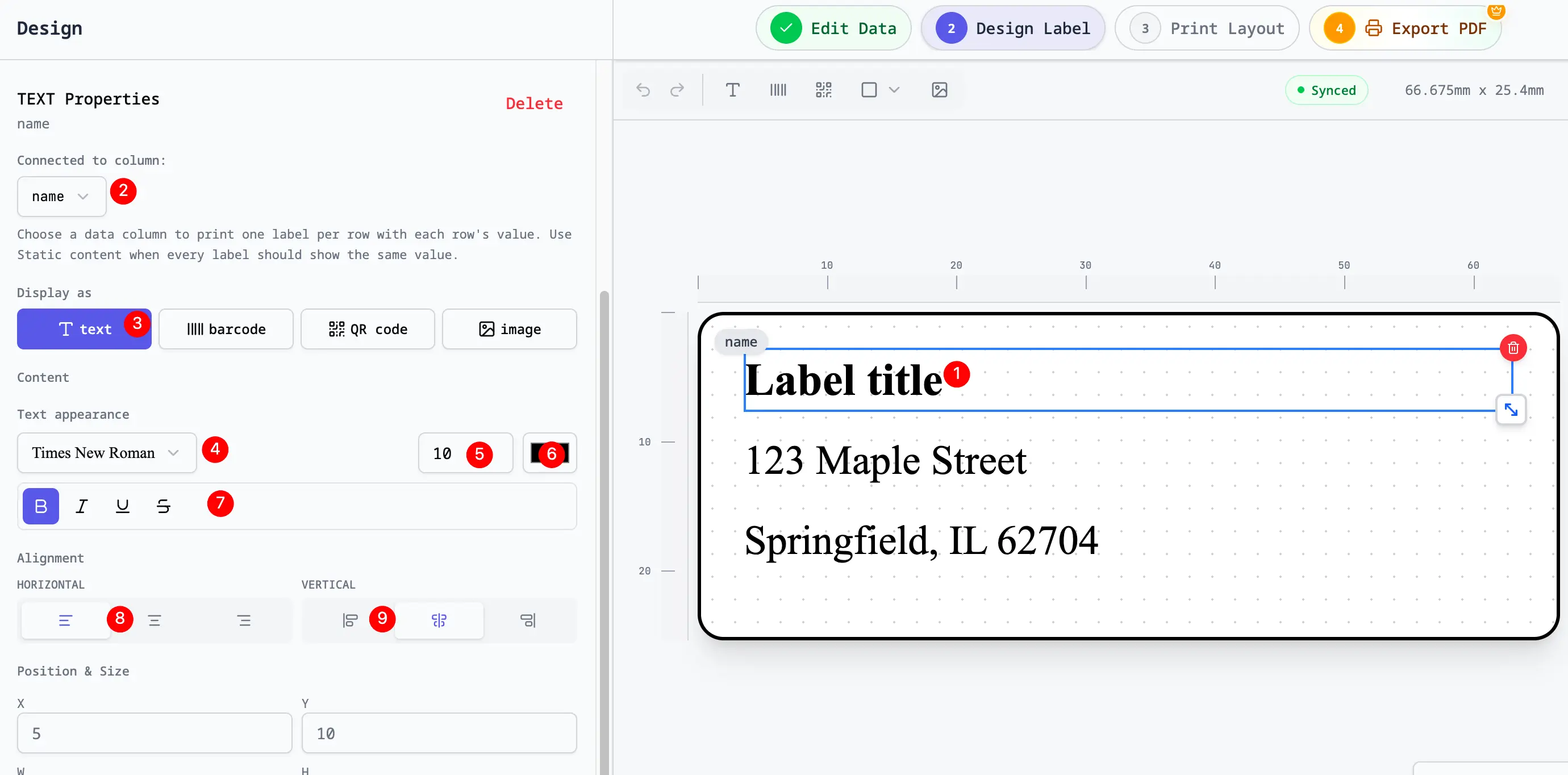Web app label design editor