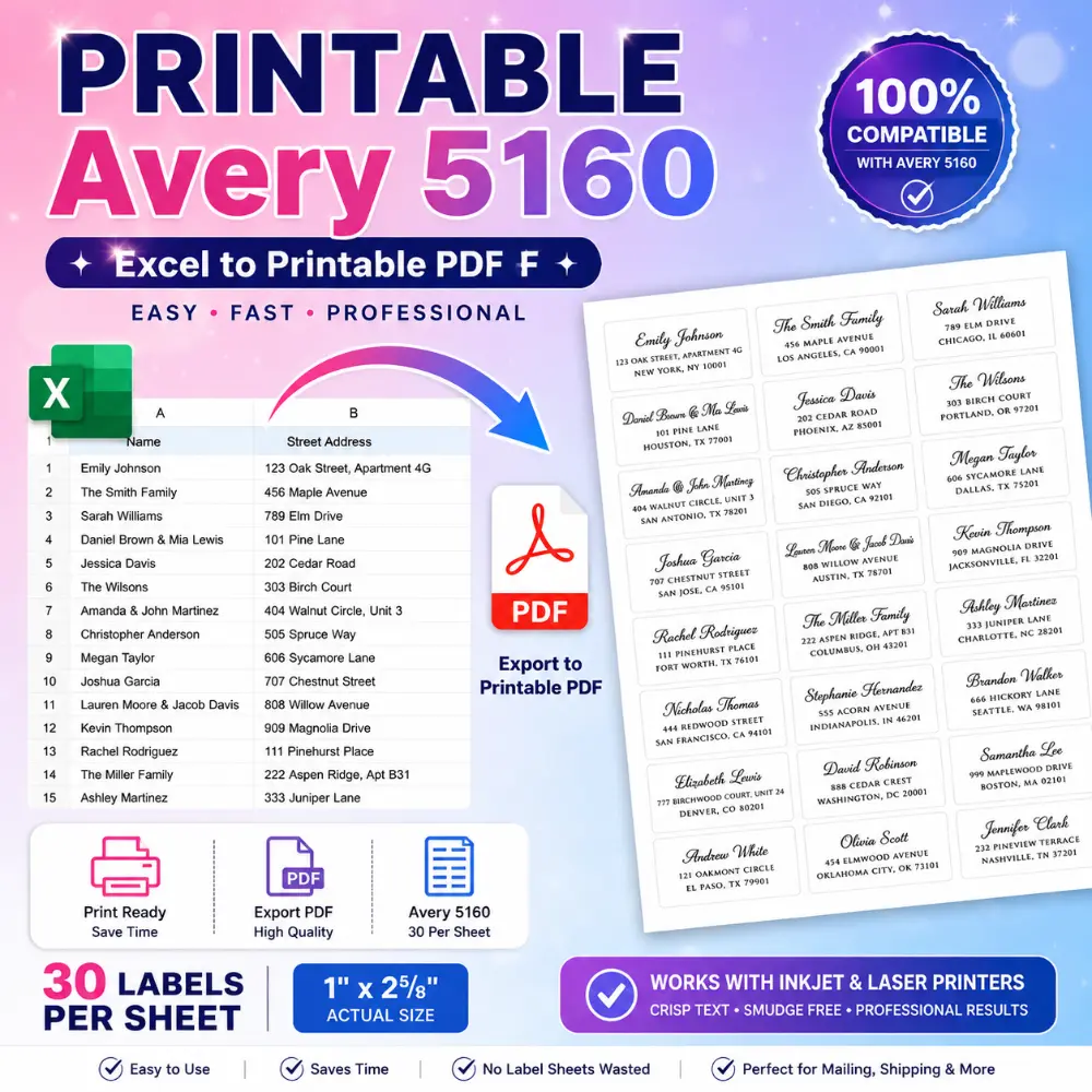 Excel address list converted into a printable Avery 5160-compatible label sheet